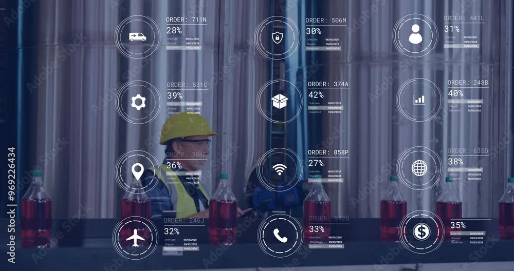 Poster animation of icons and data processing over caucasian man working in warehouse
