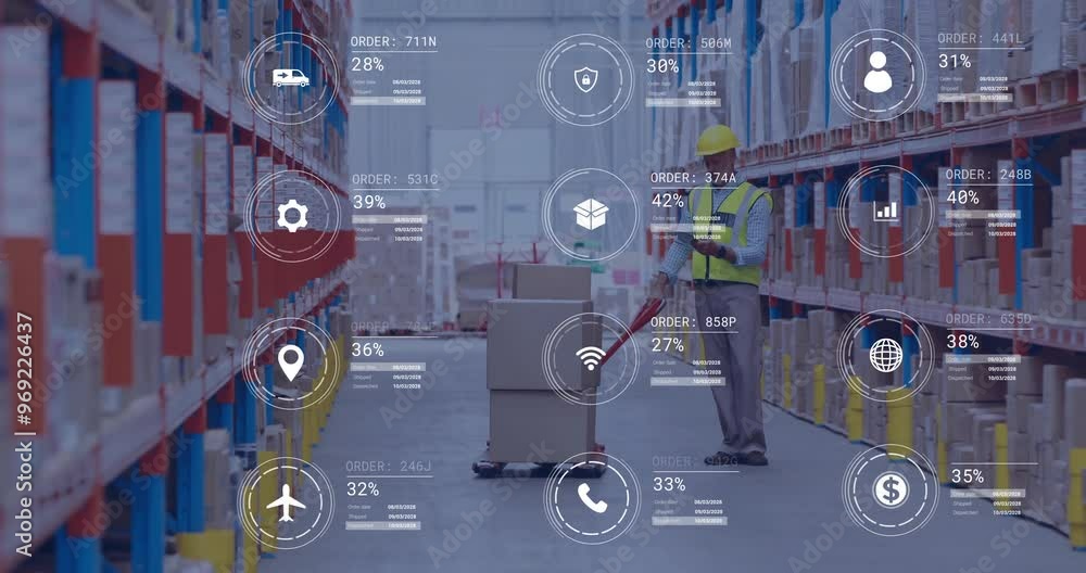 Aufkleber animation of icons and data processing over caucasian man working in warehouse