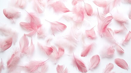 Fototapeta premium Soft pink feathers scattered on white background