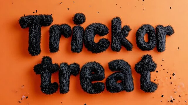 Creative halloween text art design featuring furry 'trick or treat' message on orange background. 4k video footage