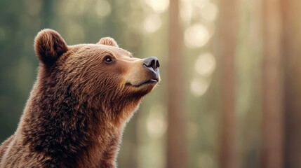 A brown bear is standing in a forest with its head up