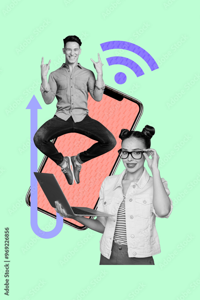 Poster vertical collage smartphone touchscreen display signal network connection hotspot broadcast arrow up
