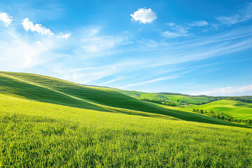Fototapeta premium A serene landscape with rolling hills and vibrant green grass under blue sky