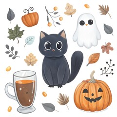 Fototapeta premium Minimalist and cute Halloween scene with a black cat, ghost, coffee, and pumpkins for seasonal designs and Halloween postcards 
