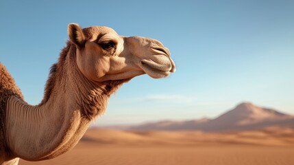 A camel is standing in the desert with a mountain in the background