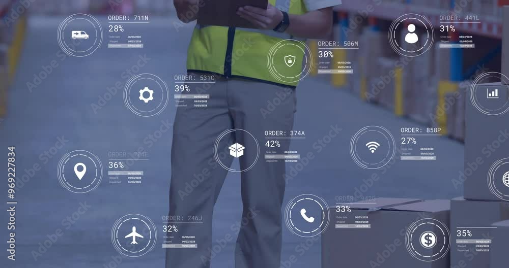 Poster animation of icons and data processing over caucasian man working in warehouse