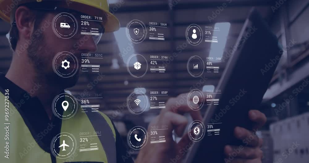 Aufkleber animation of icons and data processing over caucasian man working in warehouse