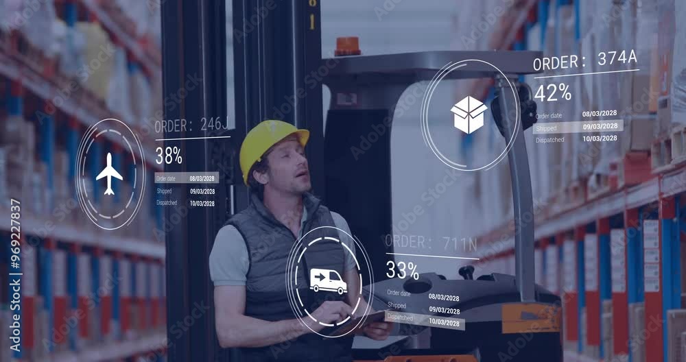 Poster animation of icons and data processing over caucasian man working in warehouse