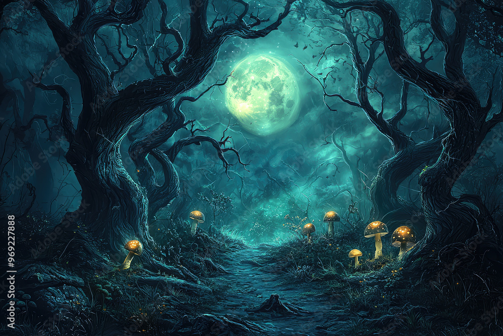 Poster a haunted forest path with twisted trees and glowing mushrooms creates an eerie atmosphere