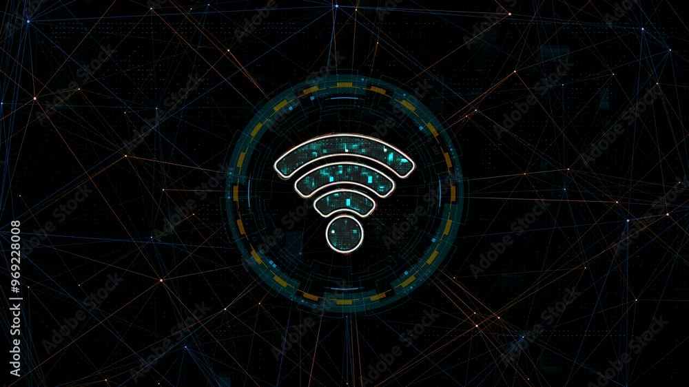 Poster motion graphic of blue digital wifi logo with circle futuristic hud elements and orange line connect