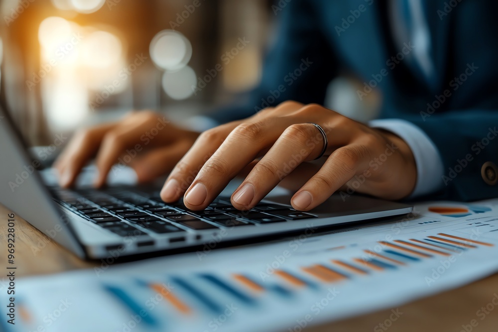 Poster close-up of a hand typing on a laptop keyboard with a bar graph in the background.