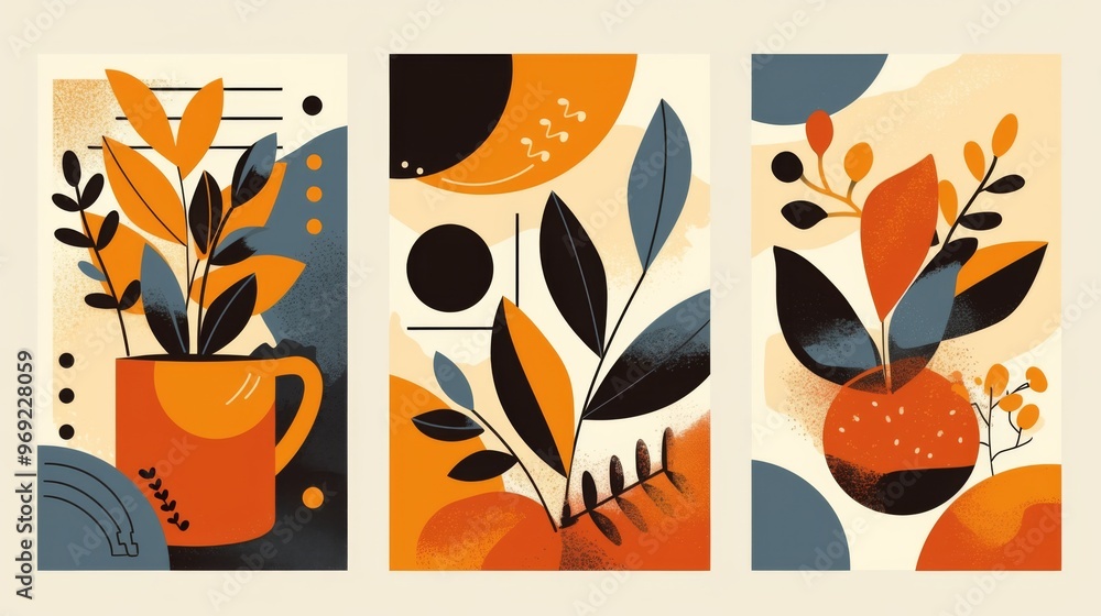 Poster set of abstract modern minimalist compositions featuring geometric shapes. flat vector illustrations