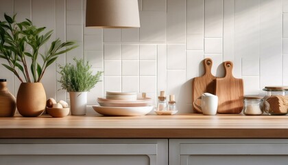 Plan de travail en bois clair et vaisselle assortie