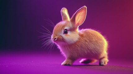 Obraz premium A dwarf rabbit hopping gently on a dark purple surface, its ears flopping in the air