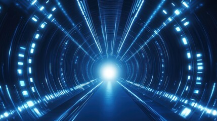 Futuristic Tunnel with Bright Blue Lights