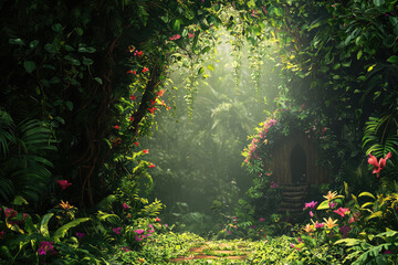 Fototapeta premium A lush jungle canopy background with vibrant flowers and vines creates serene atmosphere