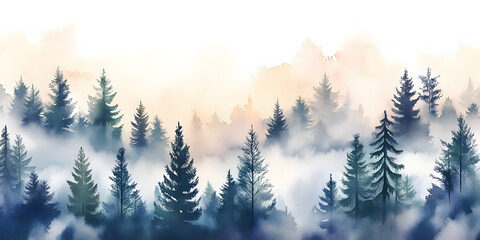 Obraz premium Watercolor illustration of pine tree forest with fog, abstract background