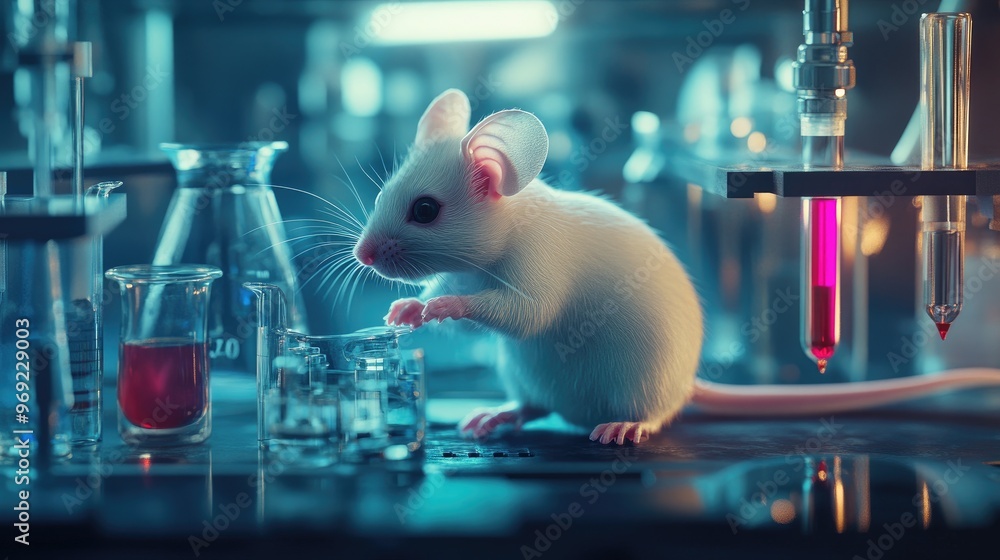 Poster a genius mouse actively working in a high-tech research laboratory, operating complex instruments wi