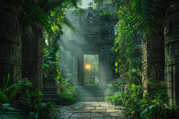 A lush jungle temple interior with ancient stone carvings and vibrant greenery