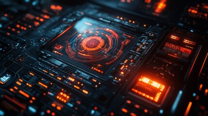 Obraz premium Quantum Computing Architecture with Advanced Interfaces: A close-up of quantum computers with futuristic control panels and visualizations.