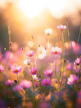 Fototapeta Pink spring flowers on a meadow, blurry sunlight background