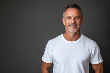 Happy confident handsome fit sporty healthy mature older man, middle aged sportsman athlete or personal trainer wearing white t-shirt standing isolated on gray with generative ai