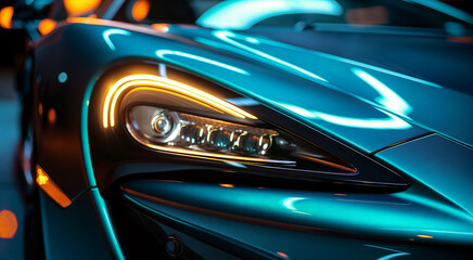 Fototapeta premium a close up of a car with a bright light on it's headlight and a blurry background