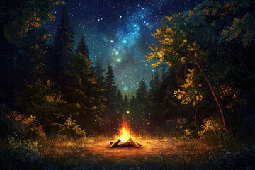A magical forest clearing with glowing campfire under starry sky