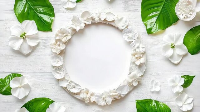 A beautiful floral frame surrounded by green leaves and white flowers, perfect for adding a natural touch to your design.