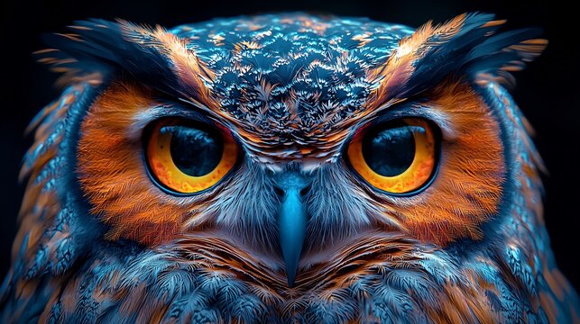 Semiabstract owl with neoncolored feathers forming intricate swirling patterns symbolizing wisdom and mystery