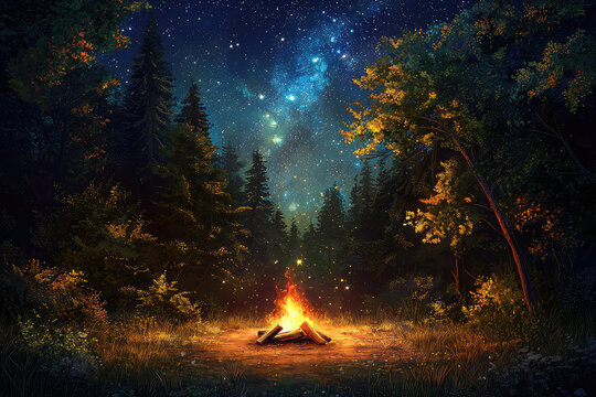 A magical forest clearing with glowing campfire under starry sky