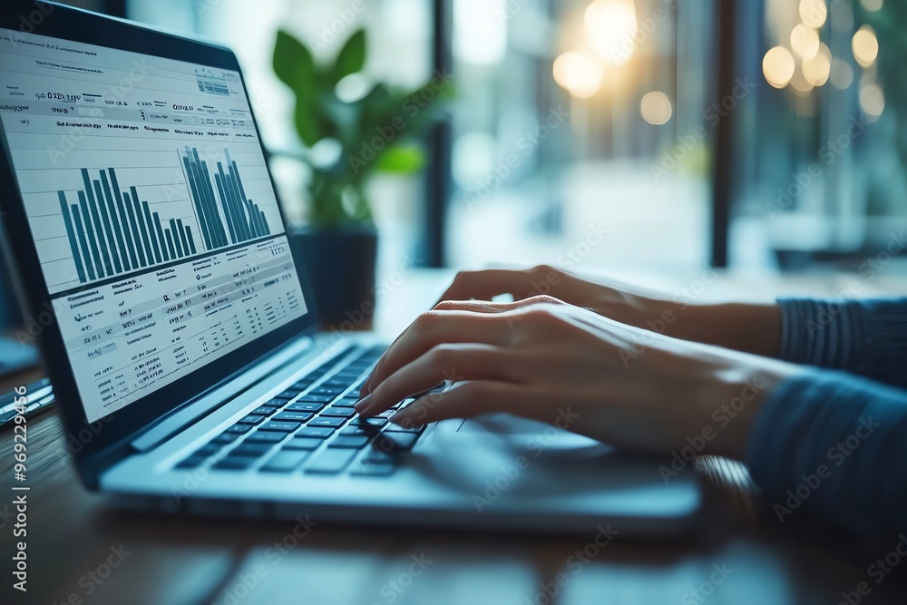 Poster closeup of hands typing on laptop with graphs and charts displayed on the screen.