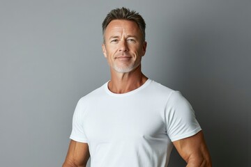 Obraz premium Happy confident handsome fit sporty healthy mature older man, middle aged sportsman athlete or personal trainer wearing white t-shirt standing isolated on gray with generative ai
