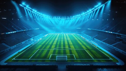A glowing digital football stadium with blue spotlights shining on an empty green field, ready for the next big event.