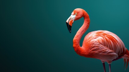 Fototapeta premium A flamingo stands in front of a blue background