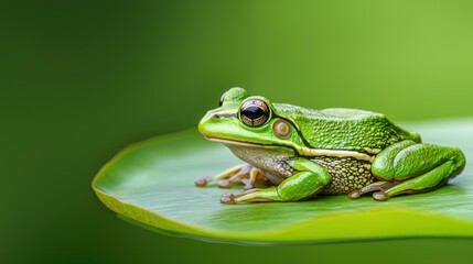 Obraz premium A green frog is sitting on a leaf