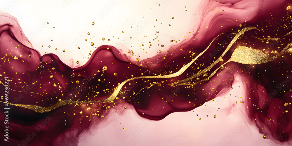 Poster abstract dark wine red ink acrylic splashes background with fine golden elements lines