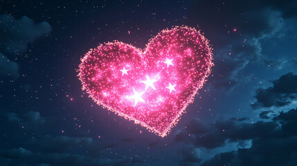 huge heart in pink light floating in the sky, made with white star and cover with lights.up in the dark night sky