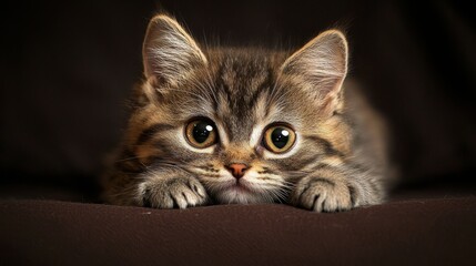 A small dwarf cat laying flat on a deep brown surface, its eyes wide open