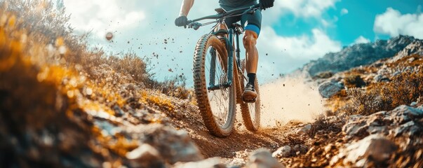 A mountain biker navigating a rocky trail, with dirt and rocks flying up from their tires
