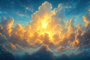 majestic cloudscape with billowing cumulus formations rich golden light filtering through against deep cerulean sky