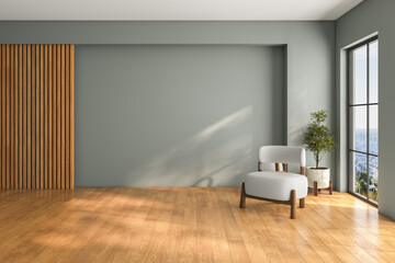 Living room interior with blue gray color wall, armchair and decor accessories, wooden panel.