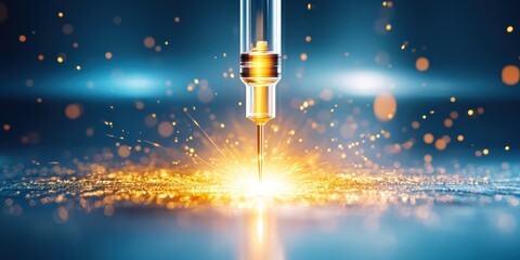 Close-up of a syringe releasing vibrant sparks, symbolizing innovation in medical technology and advancements in healthcare.