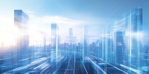Obraz premium Futuristic cityscape with blue tones and abstract light effects, showcasing modern architecture and digital innovation.