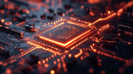 Quantum Processor Chip with Futuristic Designs: A close-up of a quantum processor chip glowing with futuristic energy lines.