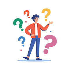 A young man, seemingly overwhelmed by uncertainty, is depicted in a cartoon-style illustration. Surrounded by colorful question marks, he gestures with his hand.