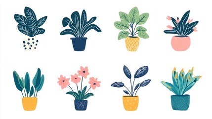 Set of Isolated Naive Cutout Plants in Modern Minimalist Style. Hand-Drawn Colorful Flat Vector Illustrations for Interior Design on Minimalist Cards.