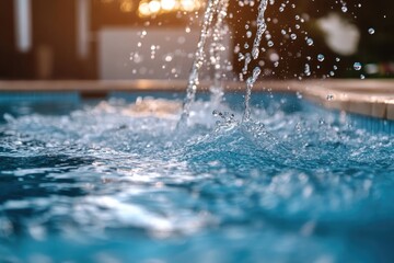 Water droplets splash in pool. Great for backgrounds and showcasing water's movement.