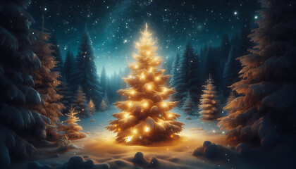 A beautifully lit Christmas tree adorned with snow sits in a serene winter landscape under a starry night sky. The tree is brightly illuminated from within radiating a warm glow