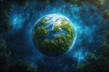 Obraz premium majestic earth floating in space lush green continents surrounded by vibrant blue oceans with delicate tree silhouettes overlaid to celebrate arbor day and environmental awareness